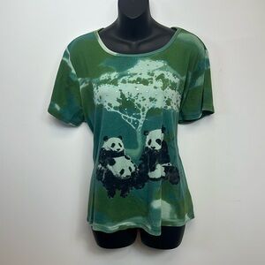 Essentials by Maggie Y2K Green T-shirt with Panda Sequin &  Blue Stones 18/20W